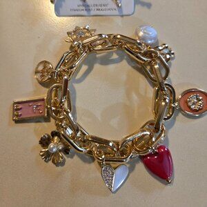 Gold  stretchy charm bracelet , with pearl bow earrings, NWT